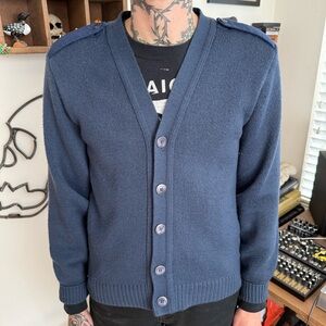 Vintage 90s Military Blue Knit Cardigan with Epaulettes ~ Size Large